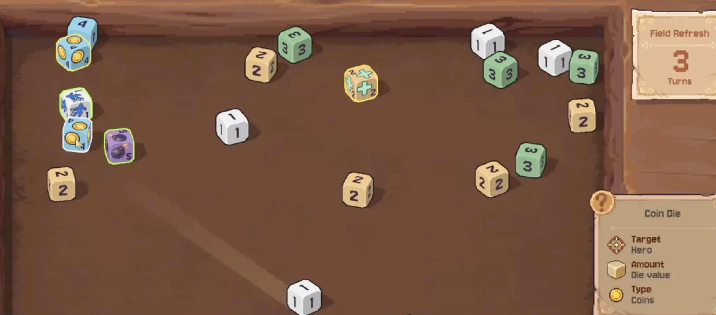 A crowded Rune Dice board with several possible chain merge routes.
