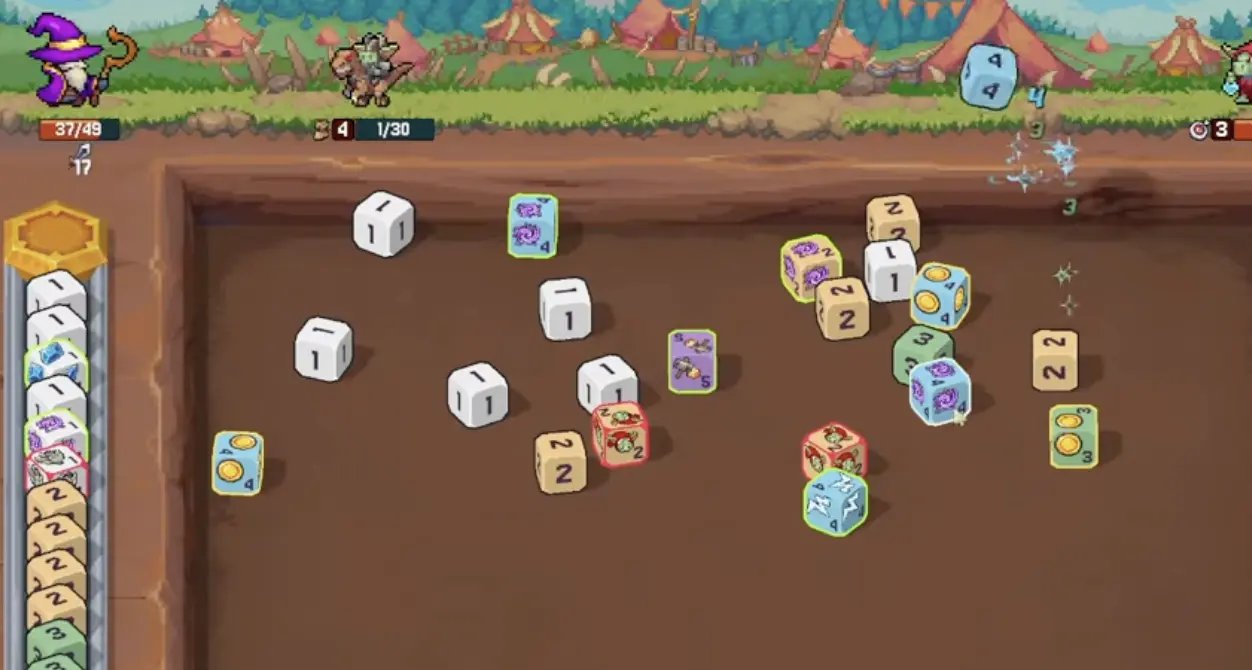 A high-value board state where several dice can be used to build toward larger merges.