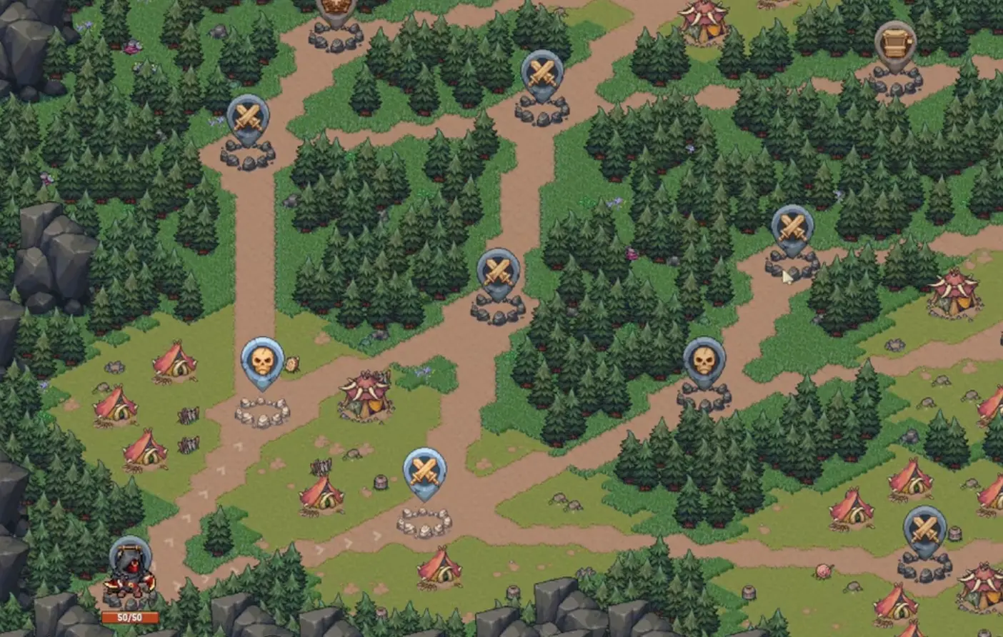 Rune Dice map route with normal battles, tough fights, shops, and boss path choices.