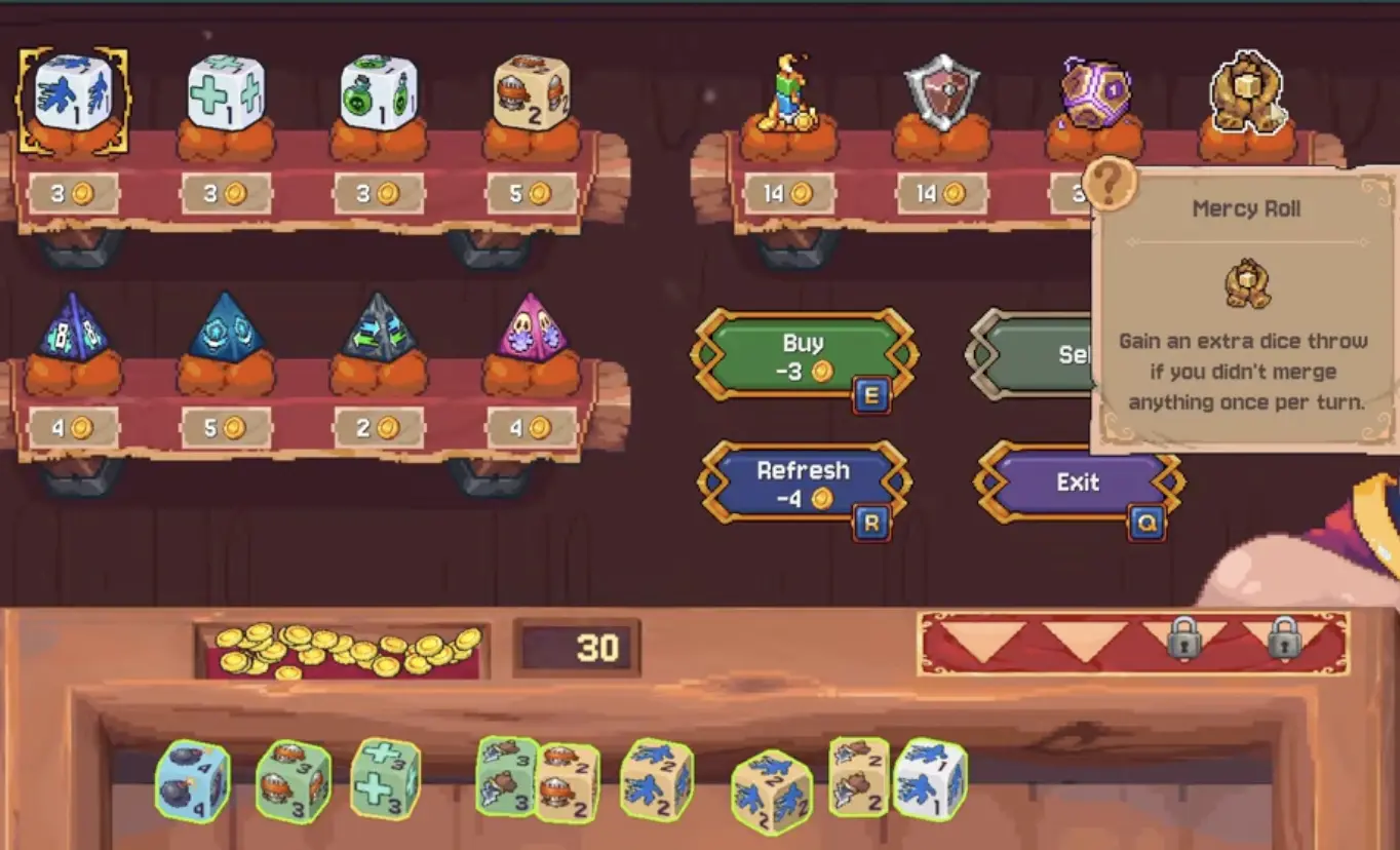 Mercy Roll gives an extra throw after a failed merge, which can rescue combo-heavy turns.