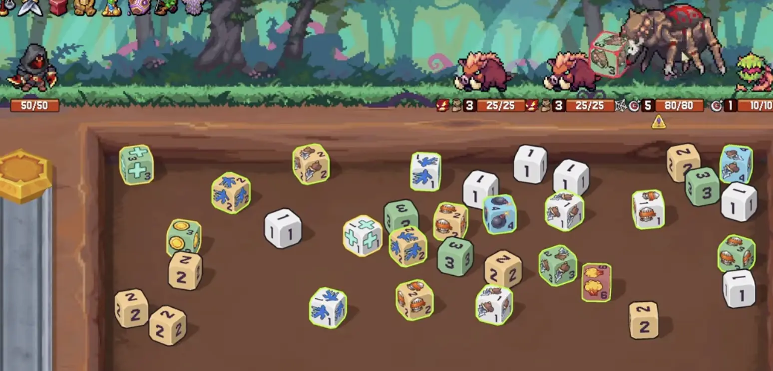 Rogue entering a boss fight with enemy dice and board pressure.