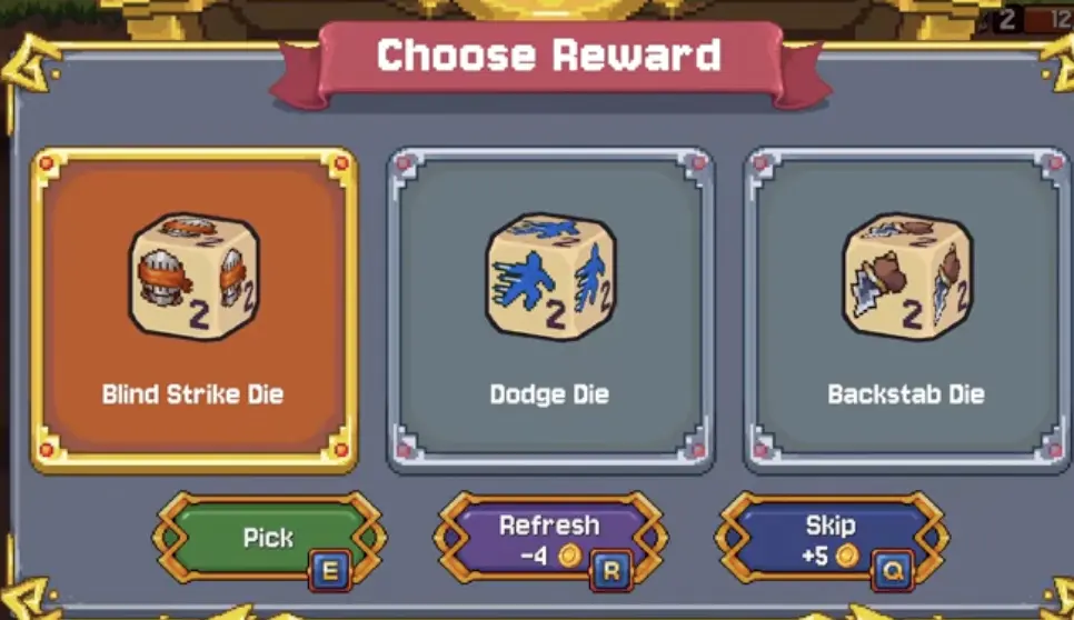 Rogue reward choice with Blind Strike, Dodge, and Backstab options.