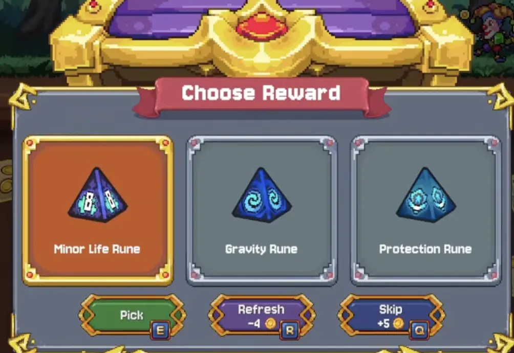 Rune reward choices showing useful combat tools like Protection, Gravity, and healing.