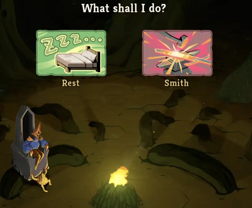 Campfire rest versus upgrade decision.