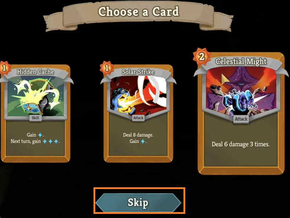 Slay the Spire 2 card reward skip screen.