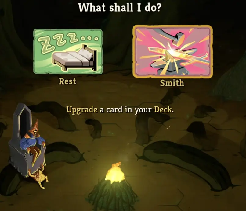 Rest versus smith decision at a campfire in Slay the Spire 2.