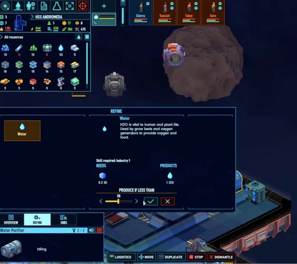 Space Haven production condition menu showing produce-if-lower-than water rule.