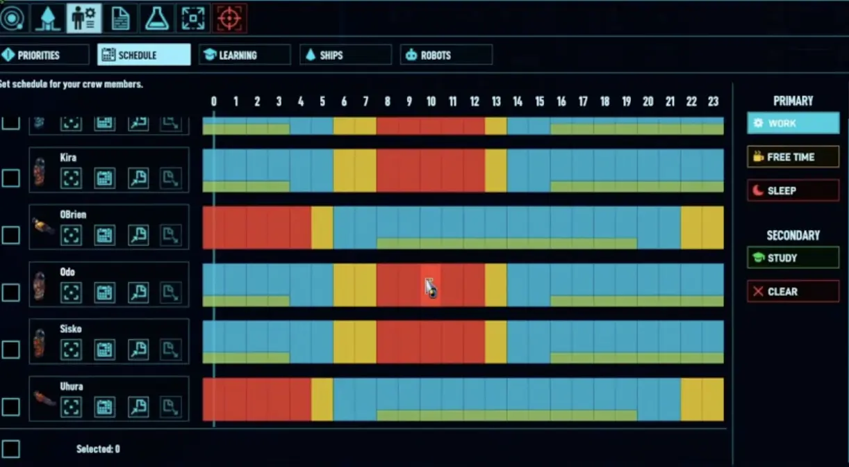 Space Haven crew schedule and priority menu showing work, sleep, leisure, study, and task priorities.