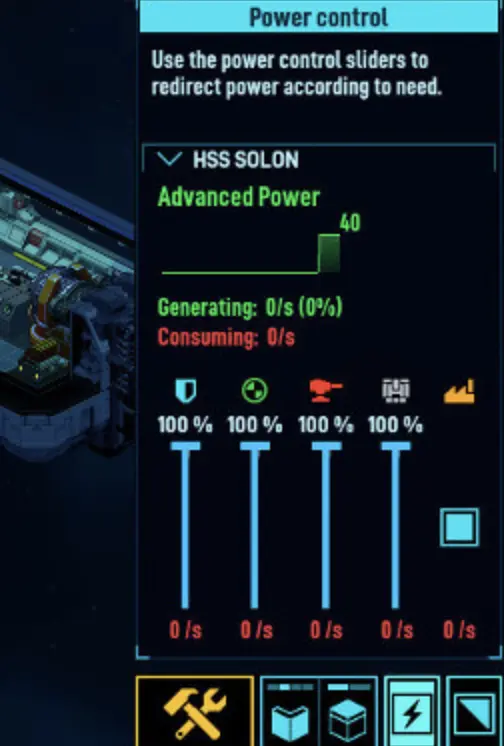 Space Haven generator threshold link and power capacity setup.