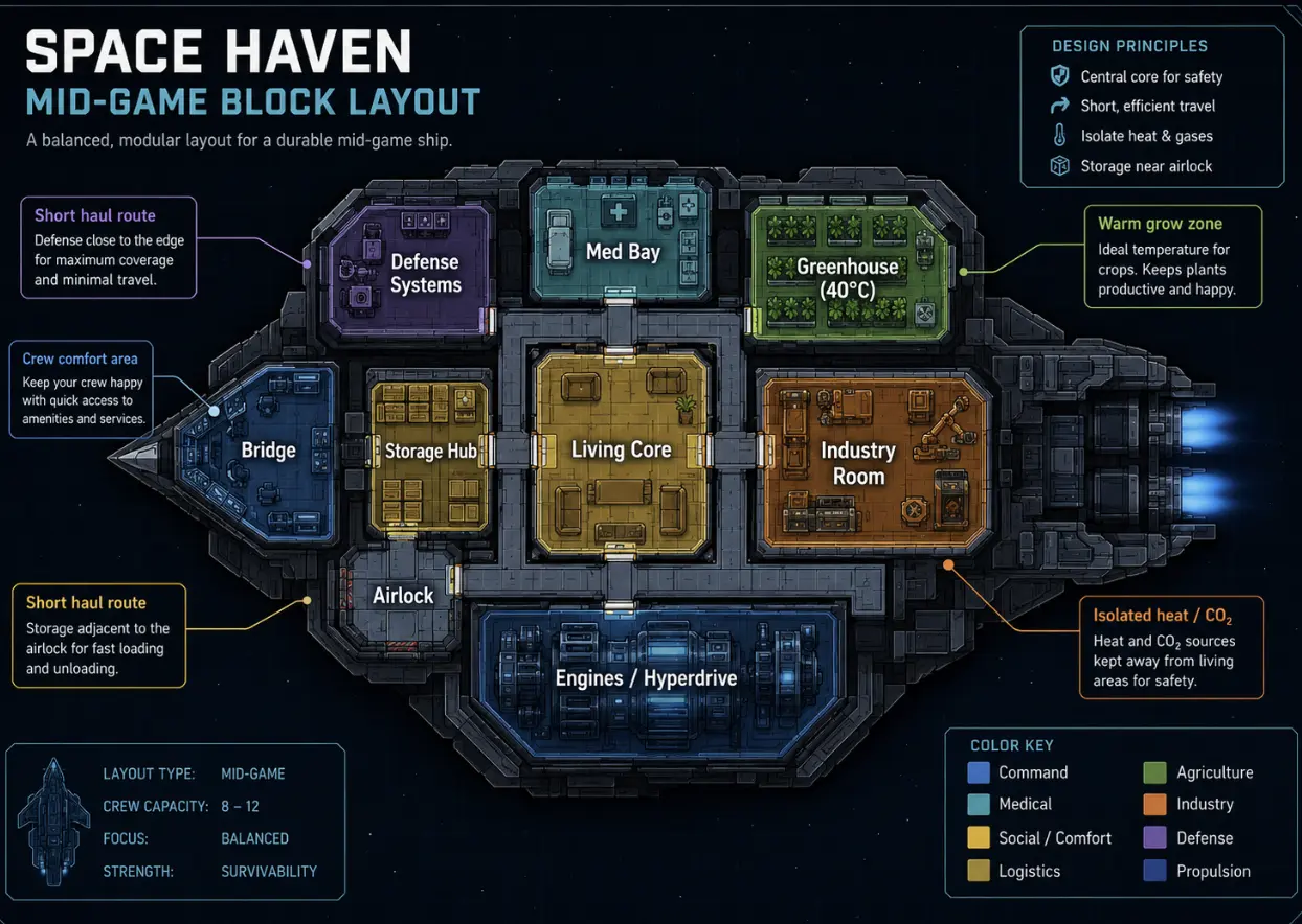 Space Haven mid-game block layout blueprint with living core, storage hub, greenhouse, industry room, med bay, defense systems, and engines.