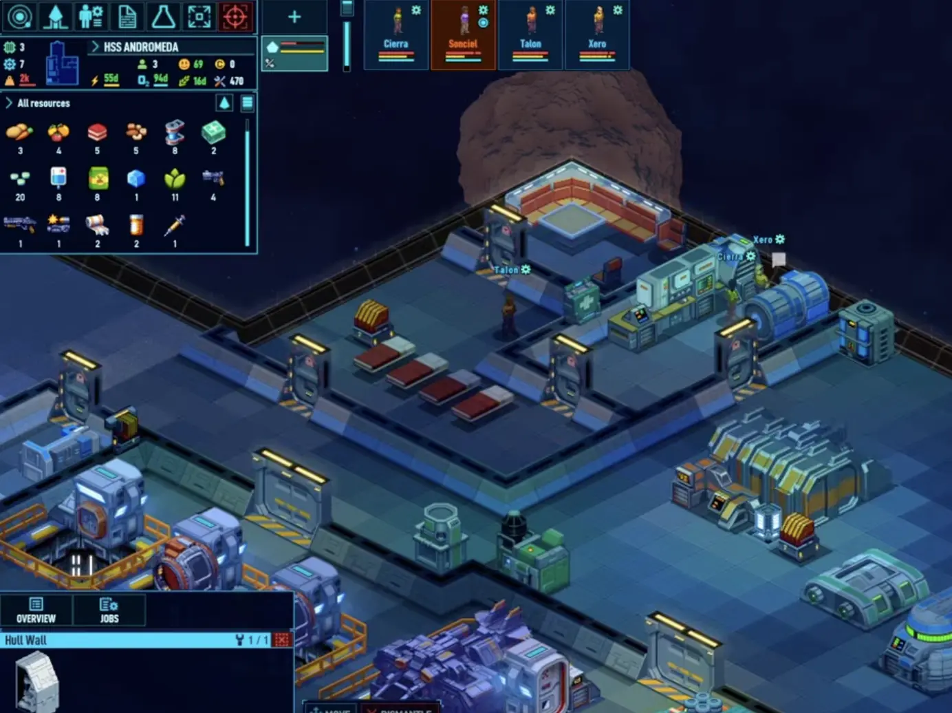 Space Haven recycler interface showing scrap conversion into steel plates, soft blocks, infra blocks, hull blocks, and components.