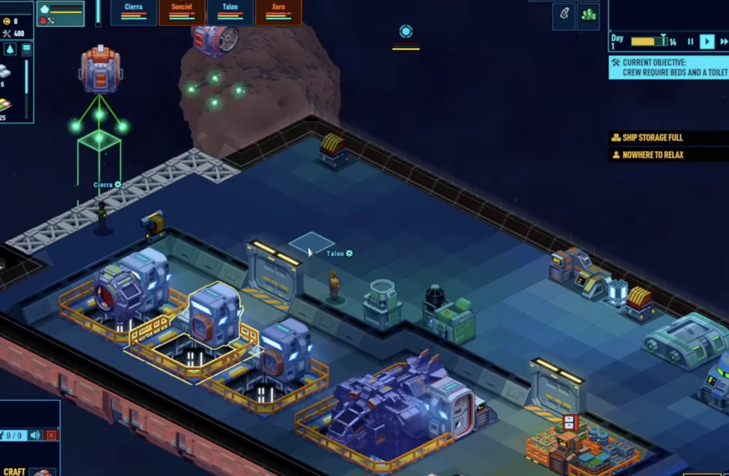 Space Haven starter tube ship layout with bridge, living core, storage, airlock, and rear industry.