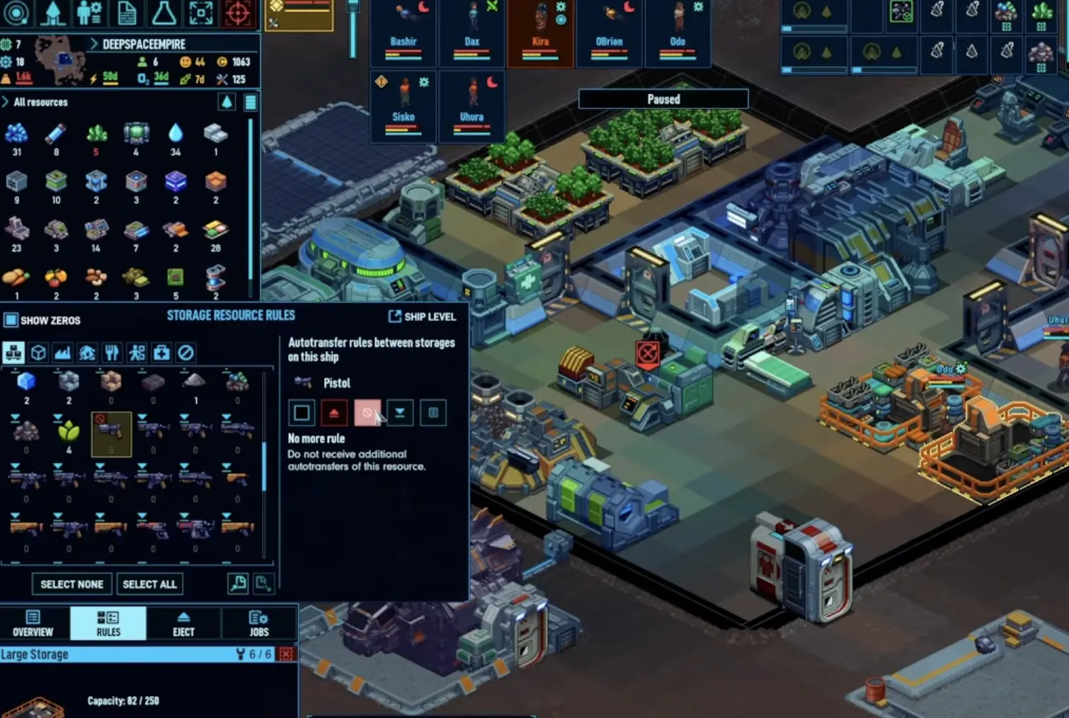 Space Haven storage rules and filters showing allowed items and no-rules storage behavior.