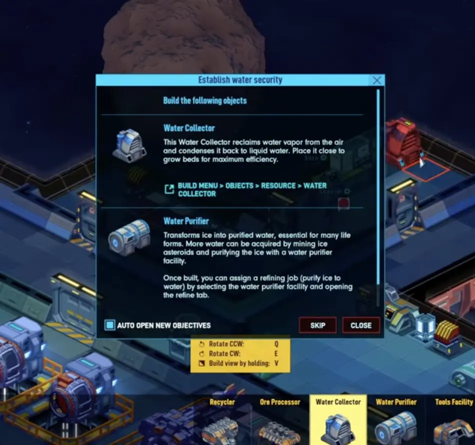 Space Haven water collector, water purifier, ice mining, and early water production rule.