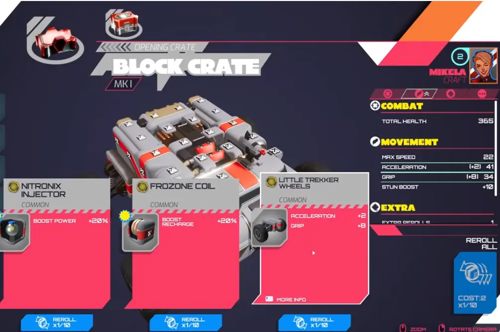 TerraTech Legion airdrop upgrade screen where players choose wheels, weapons, blocks, and stat upgrades.