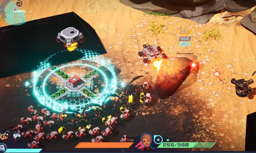 TerraTech Legion Dustbowl outpost with turrets and enemy pressure around the base objective.