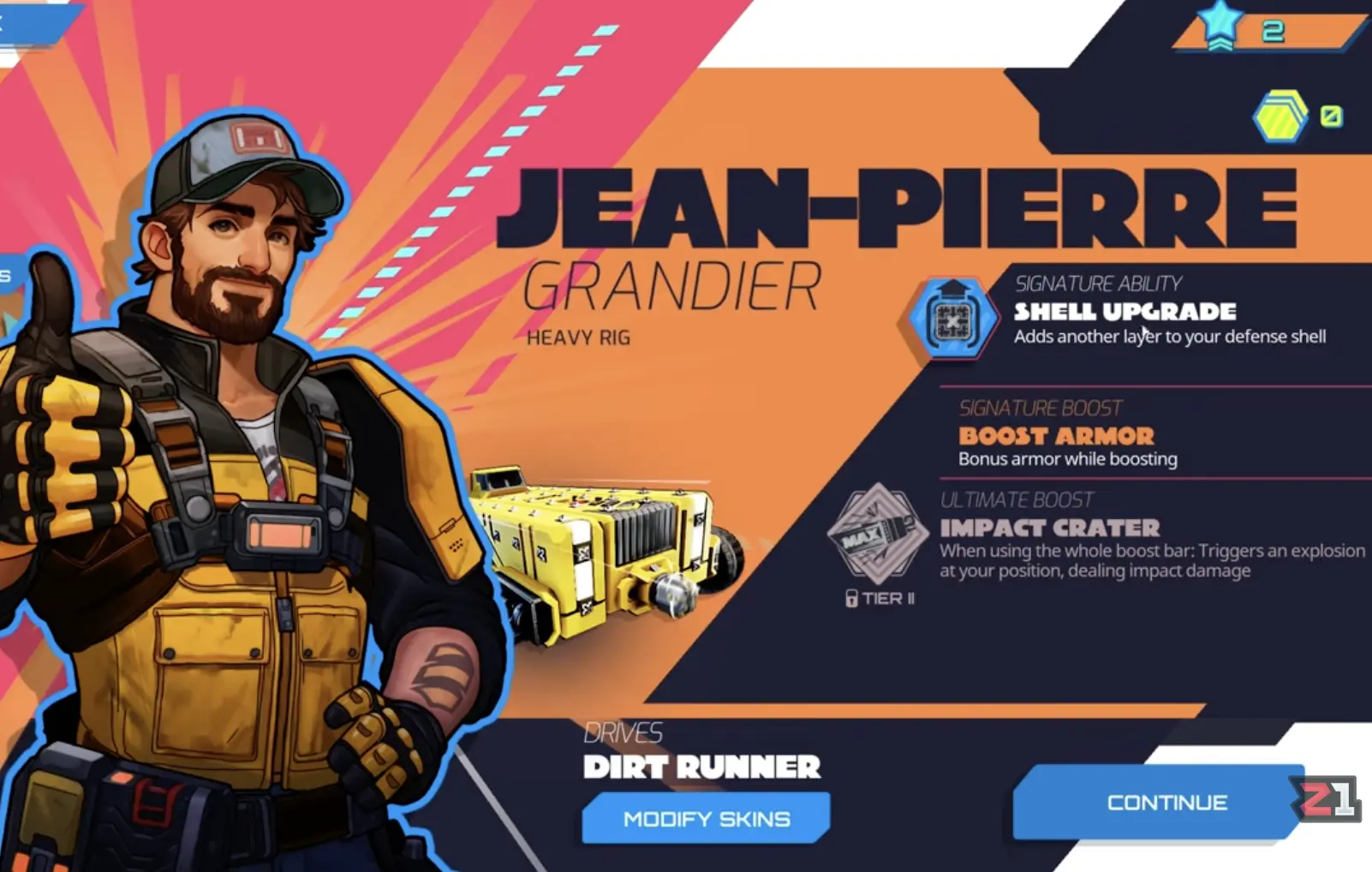Jean-Pierre Grandier character screen showing defensive shell and boost armor identity.