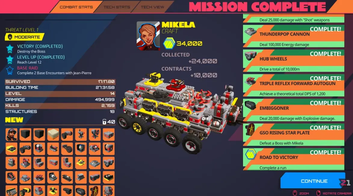 TerraTech Legion post-run progression screen after finishing Dustbowl Easy and unlocking new progression options.