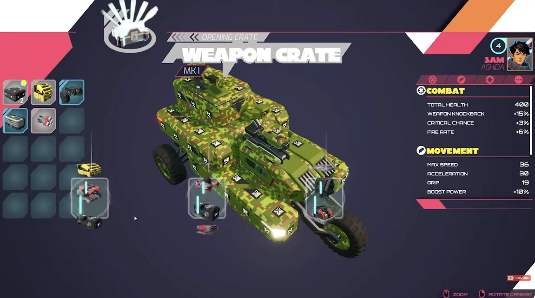 Sam Ashida airdrop choices showing precision mounts, missiles, armor, wheels, and early build decisions.