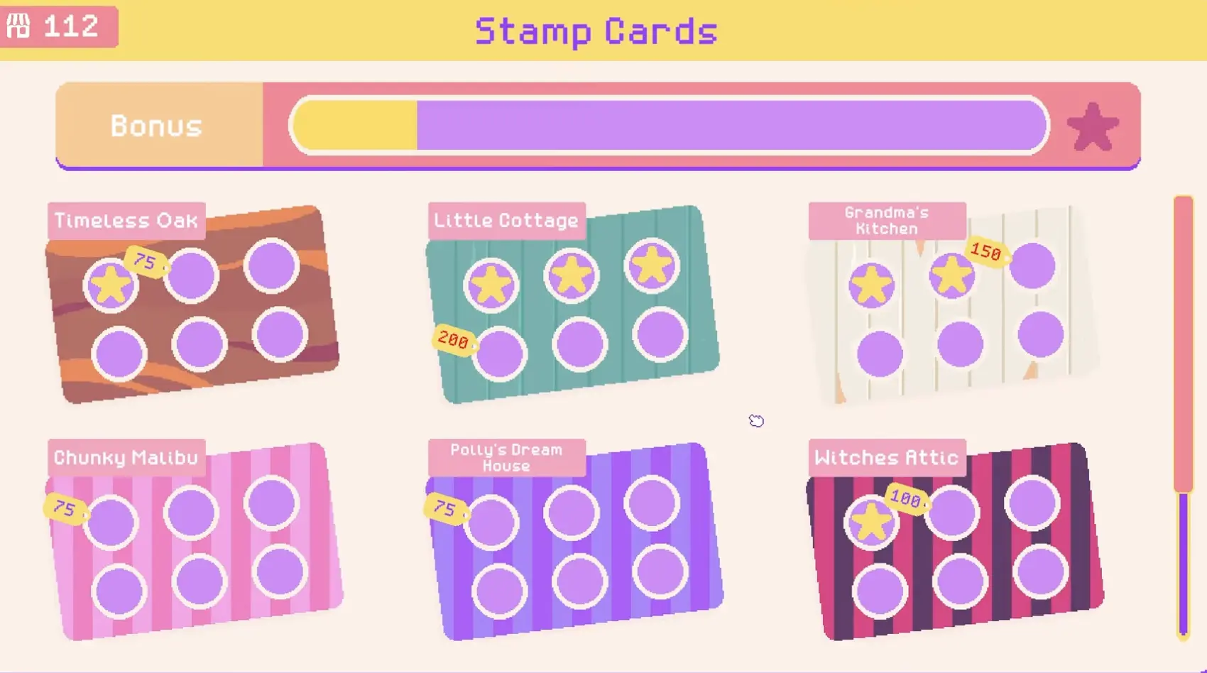 Community points and stamp cards unlocking furniture and decorations in Thrifty Business.