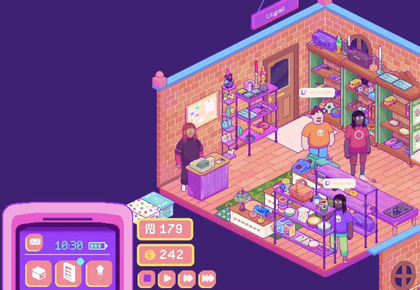 The shop score screen showing organized categories, levels, decoration bonus, and total score.